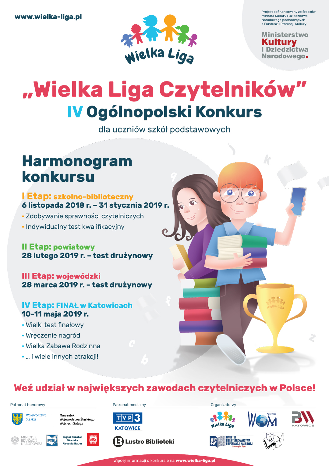 Plakat z napisem Wielka Liga Czytelników IV Ogólnopolski Konkurs dla uczniów szkół podstawowych 