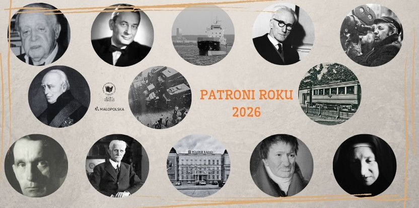 Patroni roku 2026. Wokół napisu wizerunki patronów, zdjęcie statku w Gdyni, dawnego pociągu, budynku Polskiego Radia.